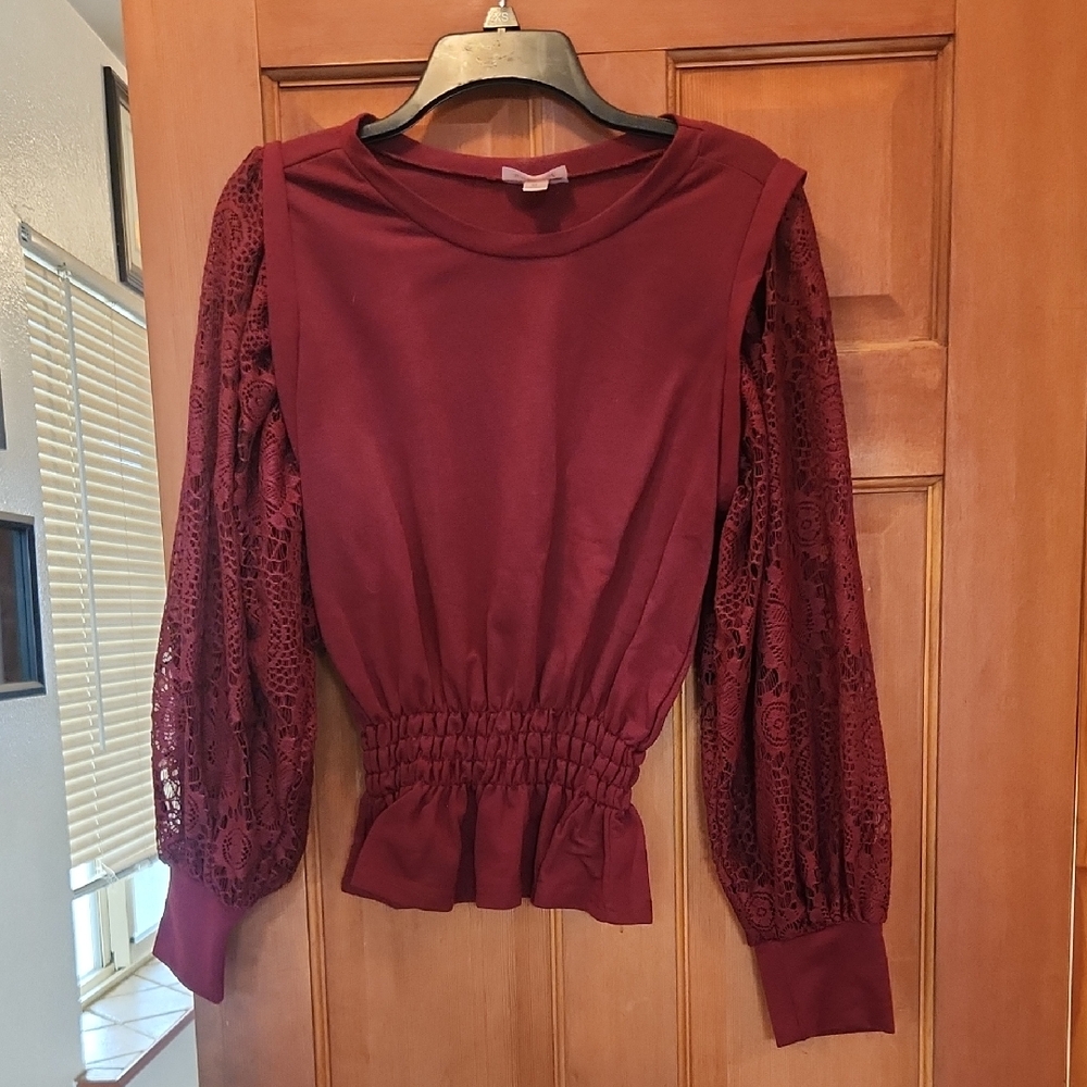 Willow & Root Burgundy Lace Long Sleeve Sexy Blouse